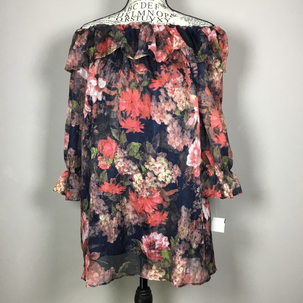 NWT bold floral top on off  shoulder 3/4 sleeve navy blue red floaty romantic S